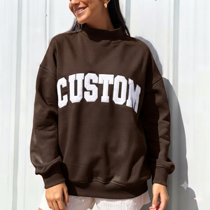 Women's Oversized Mock Neck Sweatshirt Custom Letter Print 380g Cotton Knitted Autumn Streetwear Long Sleeve <b>Crewneck</b> - Product Image 1