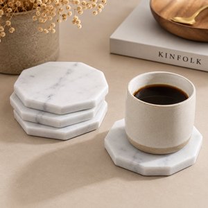 Modern Round Stone Coasters with Gold Stripe Non Slip <b>Mats</b> 6mm Thickness <b>Table</b> Decor Natural Marble Coffee <b>Table</b> Decor New Look - Product Image 3