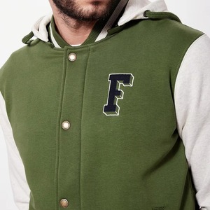 Veste universitaire verte pour homme, manches blanches, style preppy, à capuche, lettre F brodée, fermeture boutonnée sur le devant, coupe classique, automne - Product Image 5
