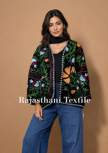 Blouson Bomber Suzani Rajasthani RT3 en Velours Matelassé avec Broderie Florale, Manches Classiques, Col en V, Automne, Nylon Écologique - Product Image 6