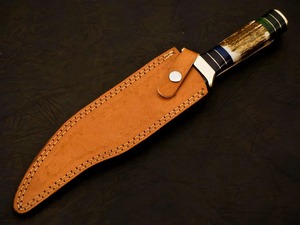 Cuchillo de Caza Personalizado Hecho a Mano de Acero de Damasco, Hoja Recta con Punta Caída, Mango de Cuerno de Ciervo, Cuchillo para Acampar al Aire Libre - Product Image 6