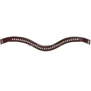 Durable Cow Softy Padding & <b>Stitching</b> Brown Premium Leather Horse Brow Band with Single Row <b>Crystals</b> Rhinestones Bling Chain - Product Image 2