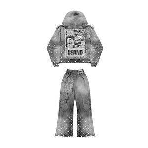 Ensemble de survêtement en molleton de coton épais imprimé et respirant, avec logo personnalisé et graphique en strass, pour homme, coupe large, vente en gros - Product Image 3
