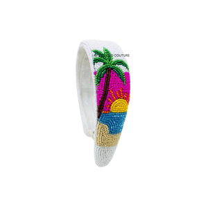 Diadema con cuentas con diseño de palmera al atardecer, hecha a mano, accesorio de moda casual para el cabello para mujer, diadema estrecha con cuentas. - Product Image 1