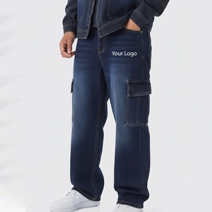 Pantalon cargo bleu foncé pour homme, taille élastique, plusieurs poches, style workwear, toile de coton mi-lourde, vêtements d'automne - Product Image 1
