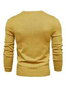 Men's Mustard <b>Yellow</b> Solid Knitted Pullover Sweater Crew Neck Slim Fit Casual Warm Fall Winter Jumper Men's Fashion Knitwear - Product Image 2
