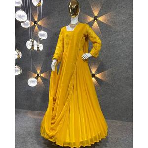 Hermoso amarillo NF Party Wear Anarkali vestido y pantalón con Dupatta XL Tamaño - Product Image 3