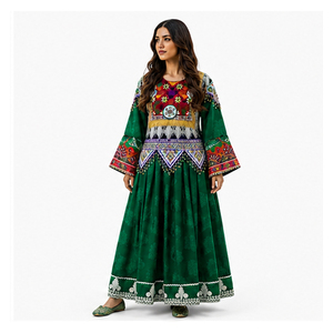 Vestido Tradicional Indio-Pakistaní para Mujer, Verde, Bordado, Largo hasta el Suelo, Holgado, de Algodón, para Bodas, Estilo Étnico Afgano Kuchi - Product Image 4