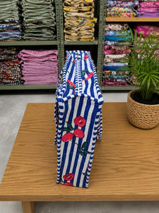 Sac fourre-tout d'épaule en toile rayée bleue pour femme, imprimé cerise, style preppy, léger, 18 pouces, fermeture éclair, poches intérieures, été - Product Image 3