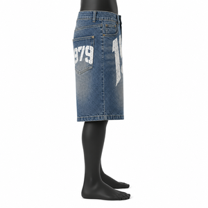 Shorts en jean pour homme de qualité supérieure avec imprimé 1979, taille mi-haute, style décontracté, en toile, avec fermeture boutonnée et poches - Product Image 1