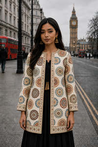Women's Winter <b>Jacket</b> with Hand Embroidered Suzani Design <b>White</b> Fabric Bridesmaid Gift or Women's Clothing OEM ODM Bulk Sale - Product Image 1