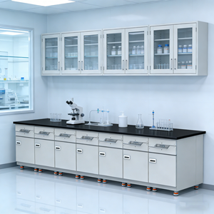 Banco da Lavoro Laterale in Acciaio per Laboratorio, Sistema di Arredamento da Laboratorio a Pavimento con Piani di Lavoro e Armadietti Personalizzati per Progetti di Ingegneria - Product Image 1