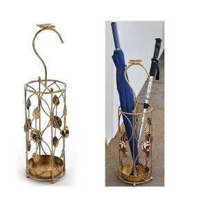 Soporte de metal dorado para paraguas, organizador redondo de alambre con ganchos, bandeja de goteo extraíble, estante de almacenamiento para bastones, para entrada de hotel - Product Image 5