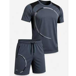 Men's Sporty Quick Dry Polyester Short Sleeve T-Shirt And Shorts <b>Set</b> Crew Neck Geometric Pattern Summer Workout Wear - Product Image 5