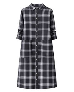 Vestido Camisero a Cuadros Negro Personalizado para Mujer, Manga Larga, Cierre de Botones, Midi, Casual, Holgado, de Algodón Tejido, con Bolsillos, para Uso Diario - Product Image 1