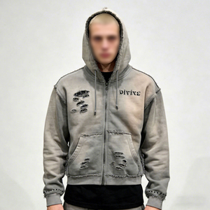 Vintage Washed Distressed Zip Up Hoodie Oversized Rivet Streetwear Sweatshirt for Men & Women - Product Image 4