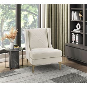 Fauteuil d'appoint moderne de luxe 1 pièce avec dossier haut, revêtement en chenille taupe, pieds en métal finition dorée, ressorts ensachés, motif losanges, pour salon - Product Image 1