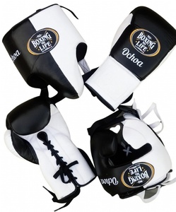 No Boxing No Life - Juego de guantes y protectores de boxeo, color blanco y negro, con cordones, para entrenamiento de sparring, para adultos, de cuero transpirable - Product Image 1