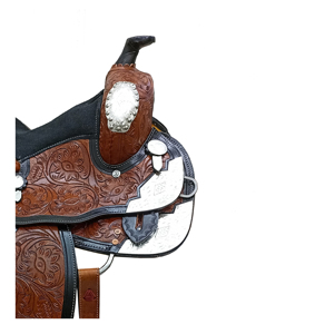 Sillín de cuero marrón para carreras de barriles estilo western, con adornos florales grabados a mano, conchos de plata con diseño floral y herrajes de acero inoxidable, fabricado por fabricante indio. - Product Image 4