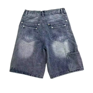 Men’s Dark Washed Denim Jorts Embossed Pattern Loose Fit Knee Length Baggy Jean Shorts Casual Streetwear - Product Image 2