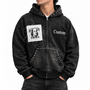 Sweat-shirt à capuche vintage personnalisé avec strass, veste zippée intégrale pour homme en coton délavé, poche graphique, style streetwear - Product Image 1