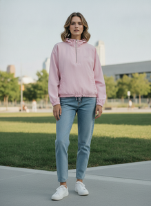 Fashion <b>Pink</b> Half Zip Hooded Windbreaker <b>Jacket</b> Custom Logo Lightweight <b>Waterproof</b> Outdoor Sportswear Streetwear for Women Men - Product Image 5
