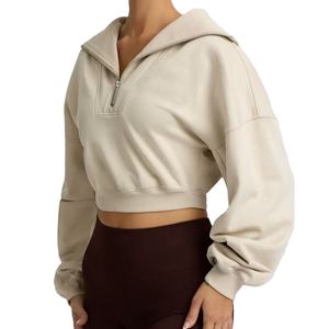 Sweat-shirt court en tissu de coton léger pour femmes OEM fermeture éclair quart col côtelé large capuche épaule tombante ourlet côtelé pour l'hiver - Product Image 5