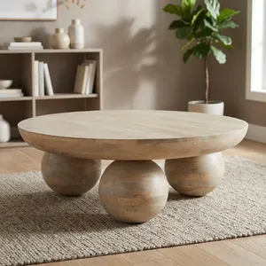 Modern Round <b>Wooden</b> <b>Coffee</b> <b>Table</b> With Ball <b>Legs</b> Handmade Minimalist Living Room Furniture - Product Image 3