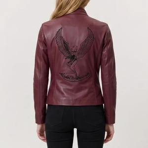 Burgundy Red Sheep Leather Jacket, Angel <b>Wings</b> Made In Heaven Embroidery, <b>Halloween</b> Cosplay Costume - Product Image 2