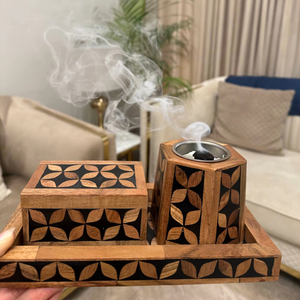 Juego de Quemador de Incienso Bakhoor de Madera Hecho a Mano con Caja con Patrón Incrustado y Bandeja, Porta Incienso para Aromaterapia - Product Image 1