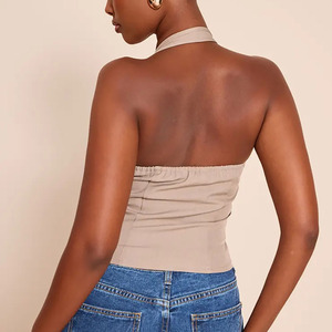 Corsé de mujer beige de moda con cuello halter estilo francés, corsé con varillas, corsé sin mangas con cremallera, corsé con bajo asimétrico, top moldeador - Product Image 4