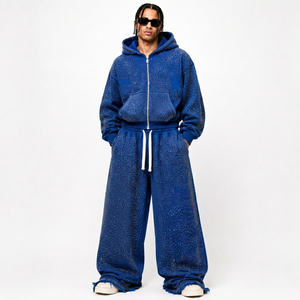Conjunto de chándal rojo con pedrería para hombre, sudadera con capucha y cremallera, y pantalones holgados con cordón, estilo hip hop, dos piezas - Product Image 6