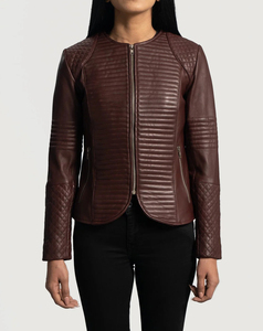 Veste de moto en cuir véritable pour femme, nouveau design, col rond, manches longues, design matelassé, fermeture éclair, style automne - Product Image 1