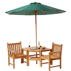 This outdoor dining <b>set</b> consists of a <b>square</b> wooden table with a central umbrella hole and two armchairs. - Product Image 1