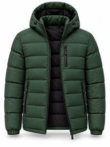 Veste d'hiver pour homme, verte, à capuche, matelassée, imperméable, séchage rapide, coupe-vent, fermeture éclair, rembourrage en polyester, longueur normale, décontractée - Product Image 2