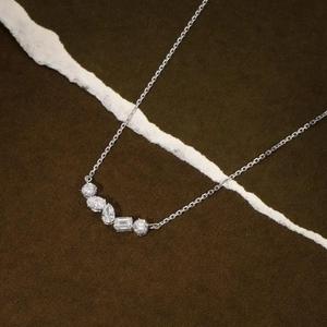 Multi Shape Diamond Cluster <b>Pendant</b> Necklace Round Oval Pear <b>Emerald</b> Cut Solid White Gold Curved Bar Link Chain Asymmetric - Product Image 3