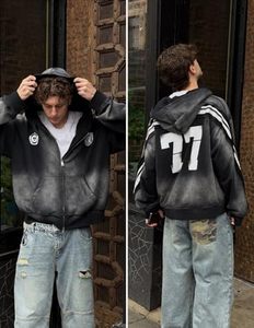 Men's Oversized <b>Zip</b>-Up <b>Hoodie</b> <b>Black</b> French Terry Embossed Logo Sporty Fit Regular Length Autumn Wear - Product Image 5