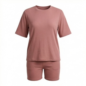 <b>Women's</b> 2 Piece Knitted Solid Color Short Sleeve T Shirt and Above Knee Shorts <b>Set</b> Crew Neck Loose Fit Casual Wear Spring Summer - Product Image 1
