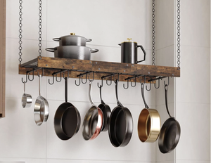 Rustic Wood Hanging Pot Rack with Metal Grid and 12 <b>Hooks</b> for Kitchen Storage, Ceiling Mounted Cookware Organizer - Product Image 2