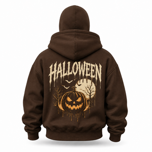 Wholesale Brown Halloween Pumpkin Graphic Full <b>Zip</b> Mask Hoodie Oversized <b>Hooded</b> Sweatshirt with Face Cover Unisex Fashion Hoodie - Product Image 3