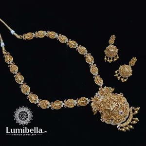 24K Gold Plated Temple Jewellery Set with Cubic Zirconia and Steel - Product Image 1
