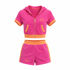OEM Custom Y2K <b>Women</b> 2 Piece Set <b>Velour</b> Short Sleeve Crop Top Hoodie and Shorts Set Summer <b>Tracksuit</b> Streetwear Lounge Wear - Product Image 5