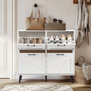 Porte de grange en métal noir à poignée simple avec 4 tiroirs rabattables et étagère à chaussures à pieds coniques en bois massif noir - Product Image 1