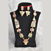 Collier long en quartz rose naturel avec boucles d'oreilles assorties en laiton et pierres pour femme - Cadeau pour elle