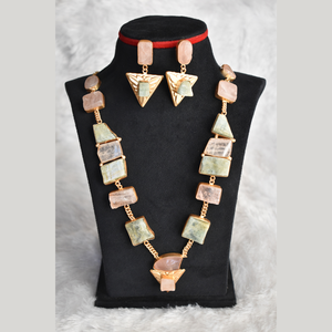 Natural Rose Quartz Long <b>Statement</b> Brass Stone <b>Necklace</b> with Earrings Set for Women-Gift for Her - Product Image 1