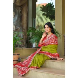 Hermoso Sari Bordado con Borde de Encaje de Lentejuelas, Producto de Tela Premium - Product Image 5