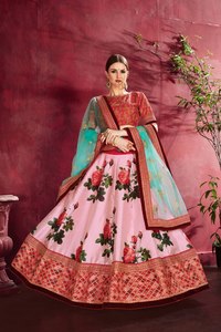 Pink <b>Rose</b> Floral Print Knee Length Lehenga Choli Set Chiffon Net Dupatta Bollywood Wedding Outfit Festive Women Wear - Product Image 4