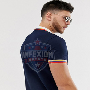 Men's <b>Navy</b> Blue Short Sleeve Polo Shirt With White Collar And Red Yellow Trim Solid Color Smart Casual Style Cotton Woven - Product Image 4
