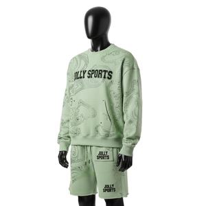 Conjunto de Sudadera y Pantalones Cortos de Felpa de Algodón y Poliéster Premium para Hombre, Color Verde Menta, con Estampado de Diamantes de Imitación y Logotipo Personalizado - Product Image 4