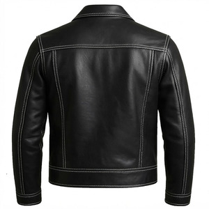 Veste de camionneur pour homme en cuir de vachette véritable, surpiqûres contrastées, fermeture éclair, poche à rabat, noire, style vintage, veste utilitaire pour homme - Product Image 2